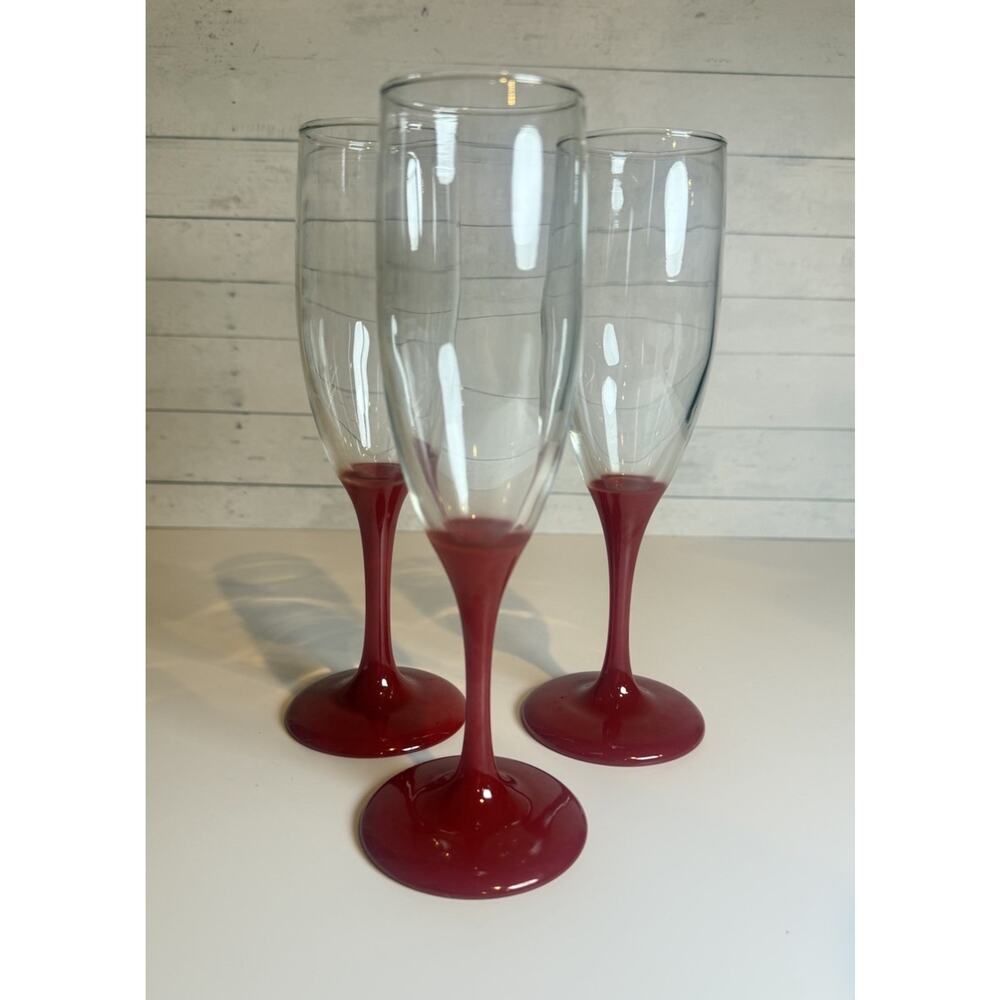 Vintage Red Stem Champagne Flutes 8” Set of 3 Cristal d’Arques Style - Picture 2 of 4